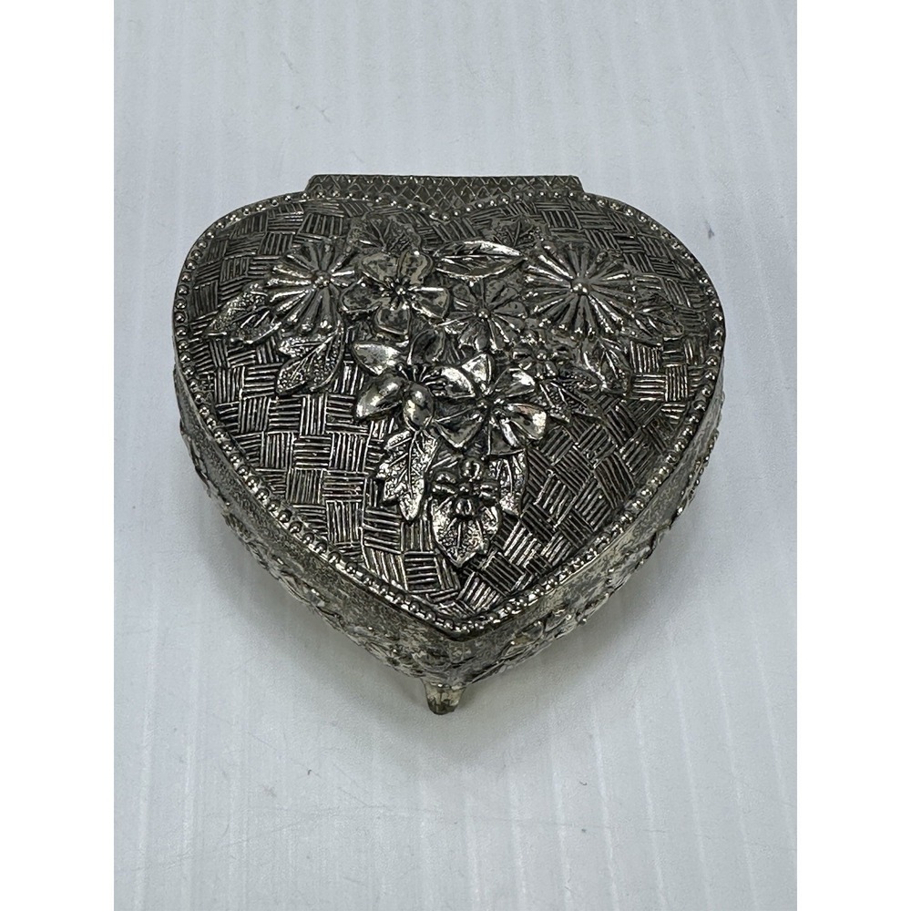 Vintage Trinket Box Metal Heart Shaped Red Velvet Lined Silver Tone